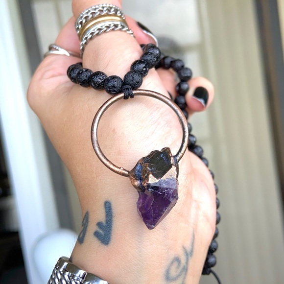 Genuine amethyst crystal stone bead lava necklace - Picture 10 of 16